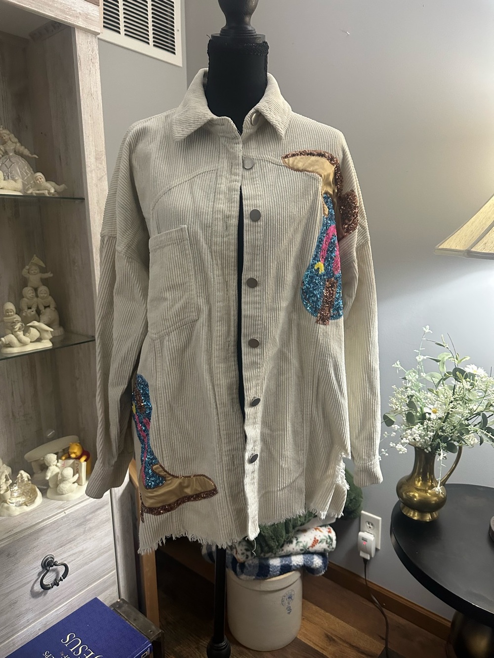 Peach Love California Cream Corduroy Patchwork Jacket with Multicolor Sequins